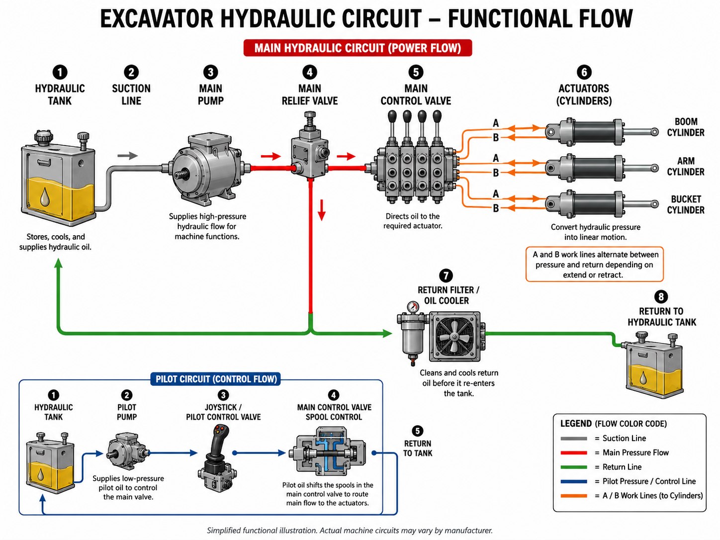 Excavator hydraulic circuit labelled: main pump, pilot pump, control valve, cylinders