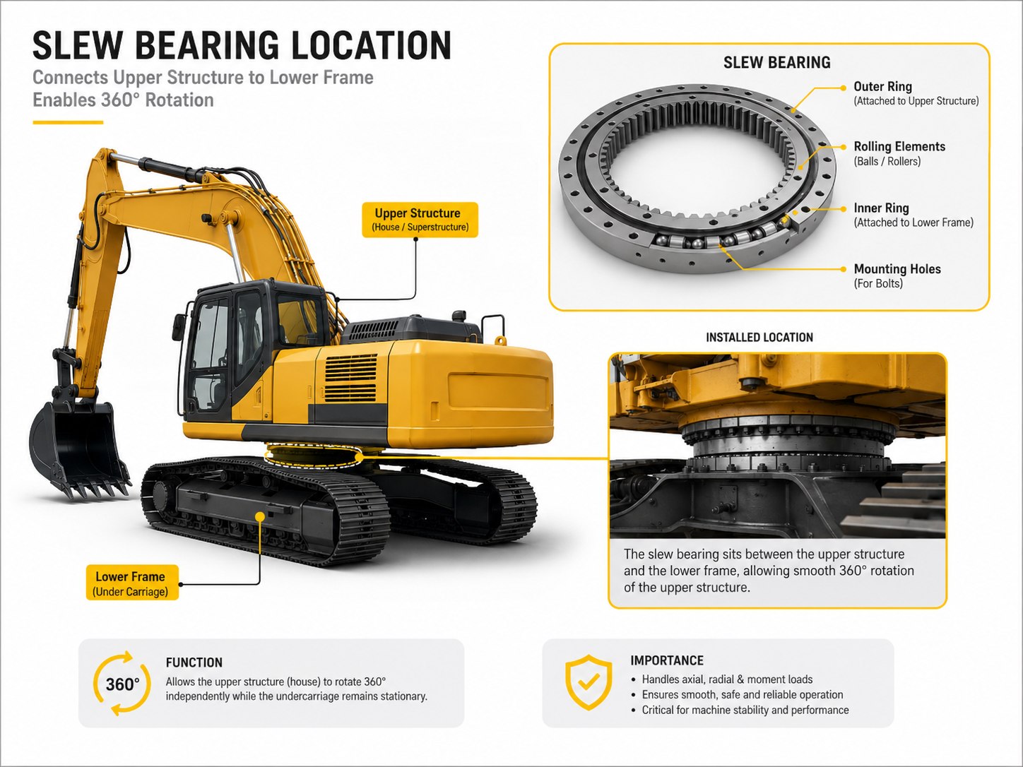 Slew bearing location on the excavator, between upper structure and undercarriage