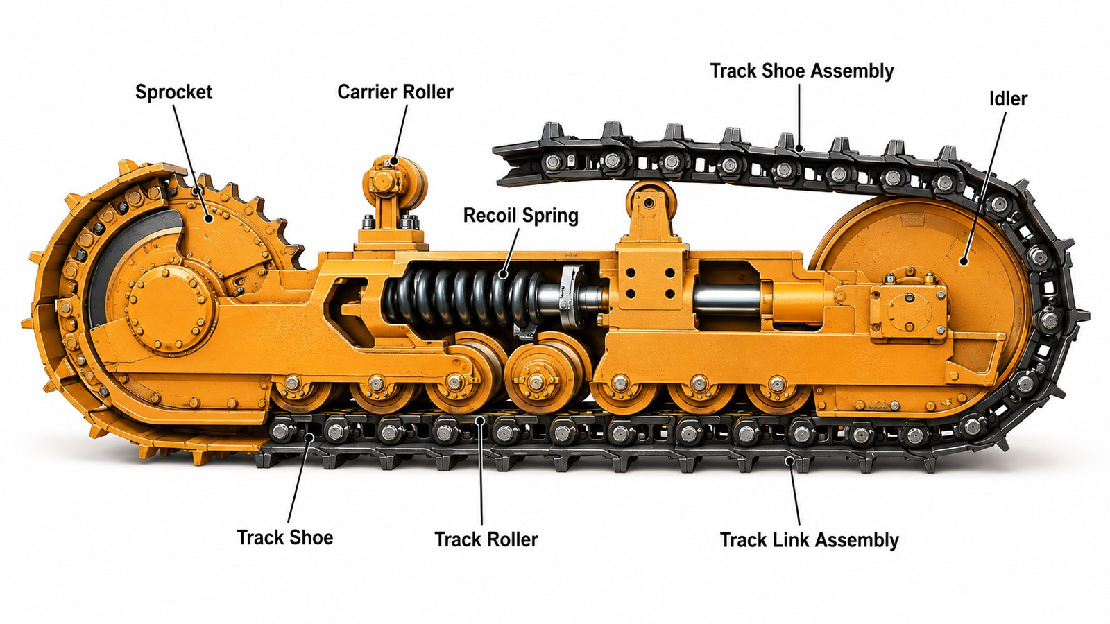 Excavator undercarriage side view labelled: sprocket, carrier roller, idler, track roller positions