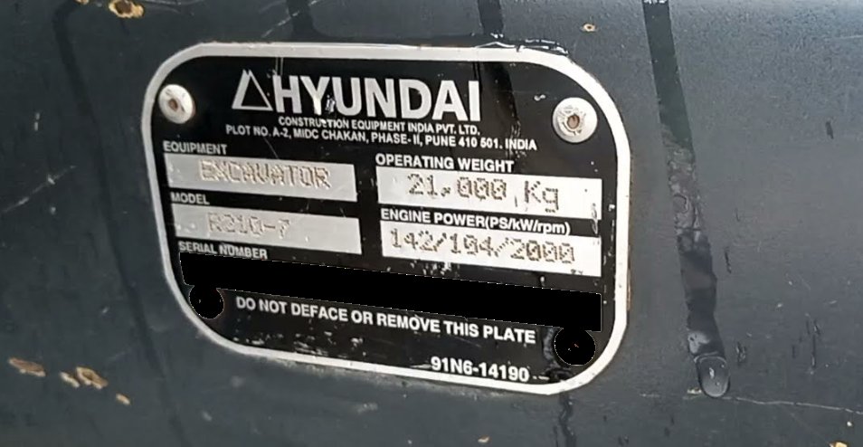 Hyundai excavator model plate showing model R210-7