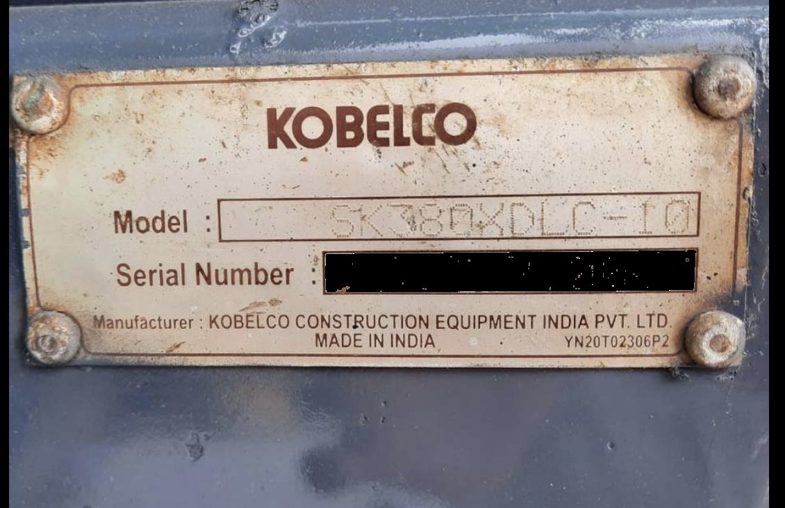 Kobelco excavator model plate showing model SK380XDLC-10