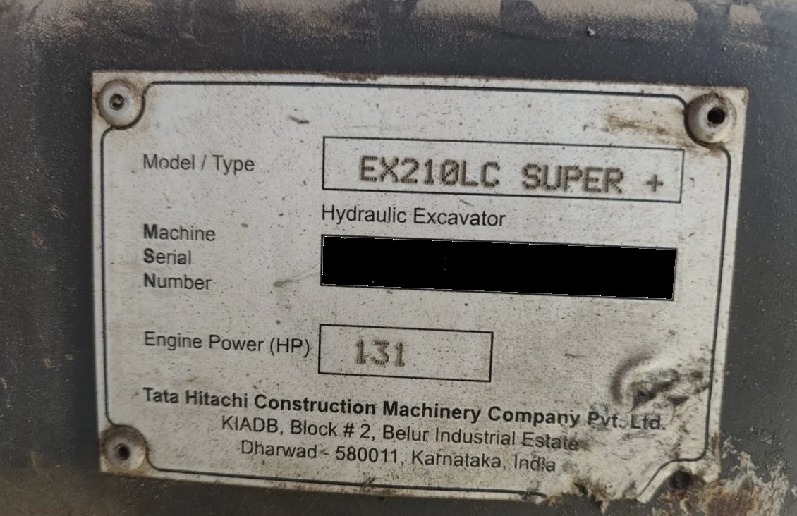 Example excavator model plate (format varies by brand)